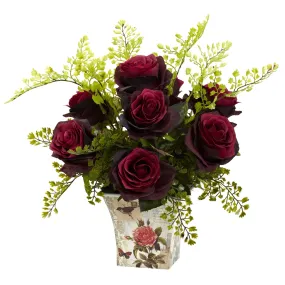 13' Artificial Rose & Maiden Hair Arrangement w/Planter - Low Maintenance, Life-Like & Vibrant Silk Flowers For Busy People.