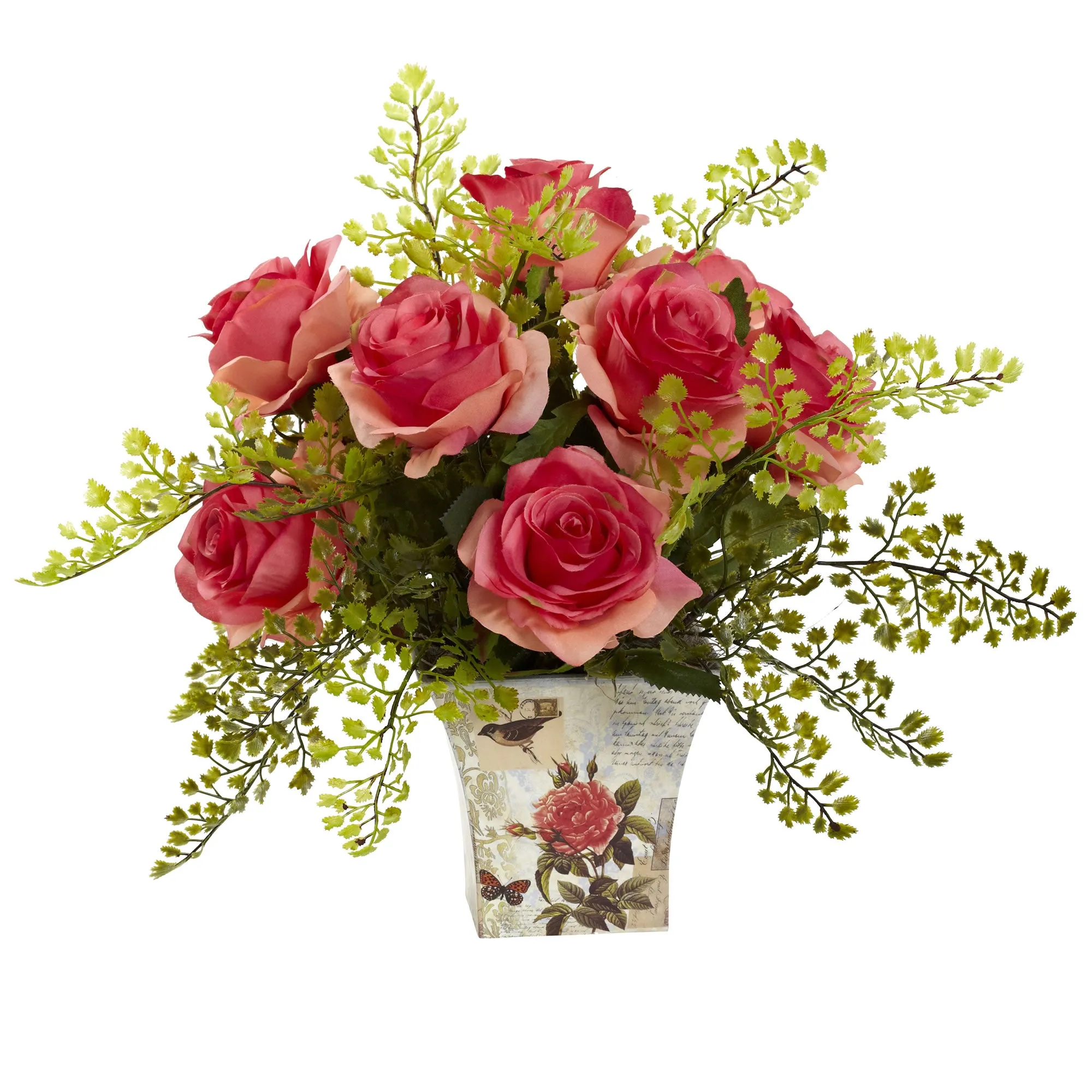 13' Artificial Rose & Maiden Hair Arrangement w/Planter - Low Maintenance, Life-Like & Vibrant Silk Flowers For Busy People.