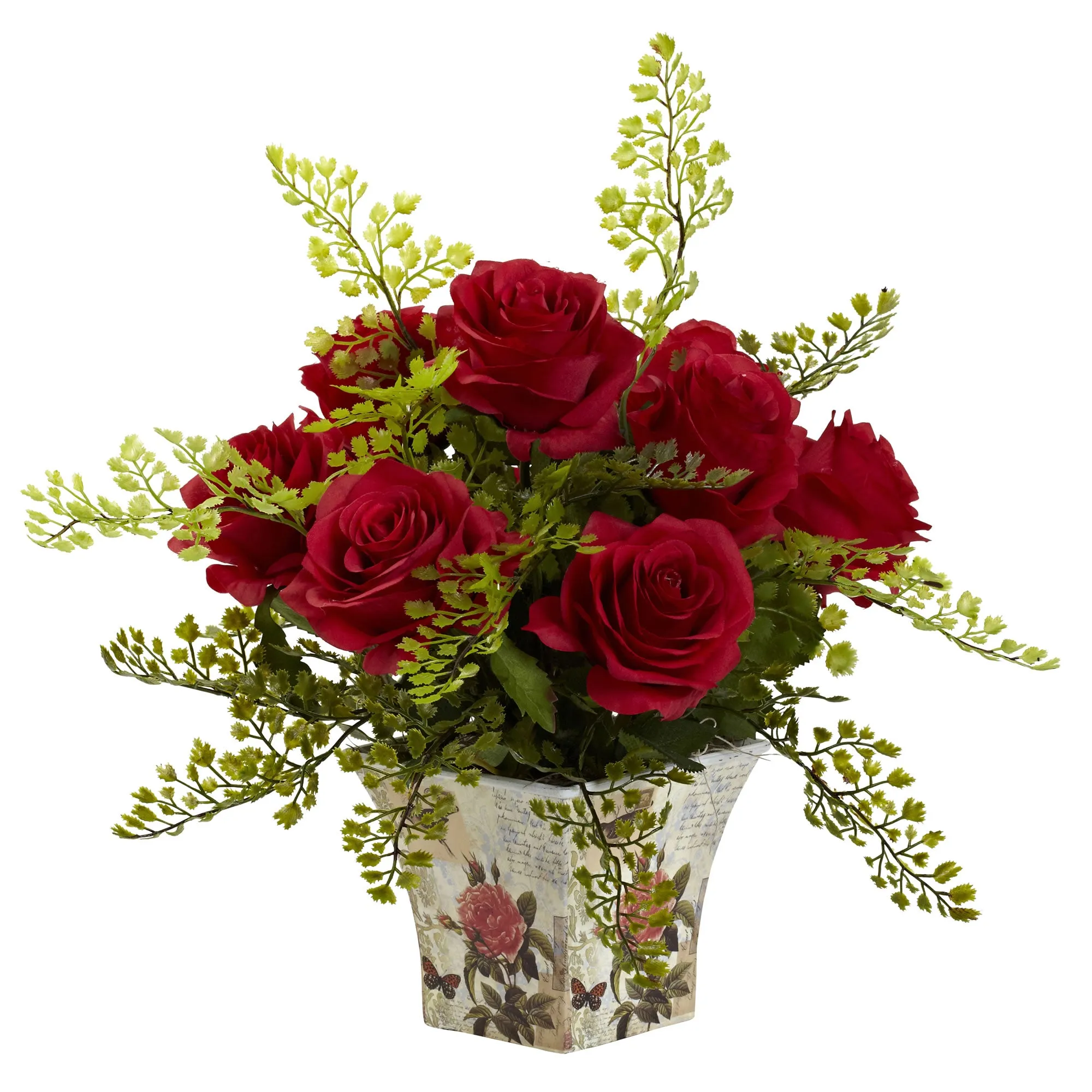 13' Artificial Rose & Maiden Hair Arrangement w/Planter - Low Maintenance, Life-Like & Vibrant Silk Flowers For Busy People.