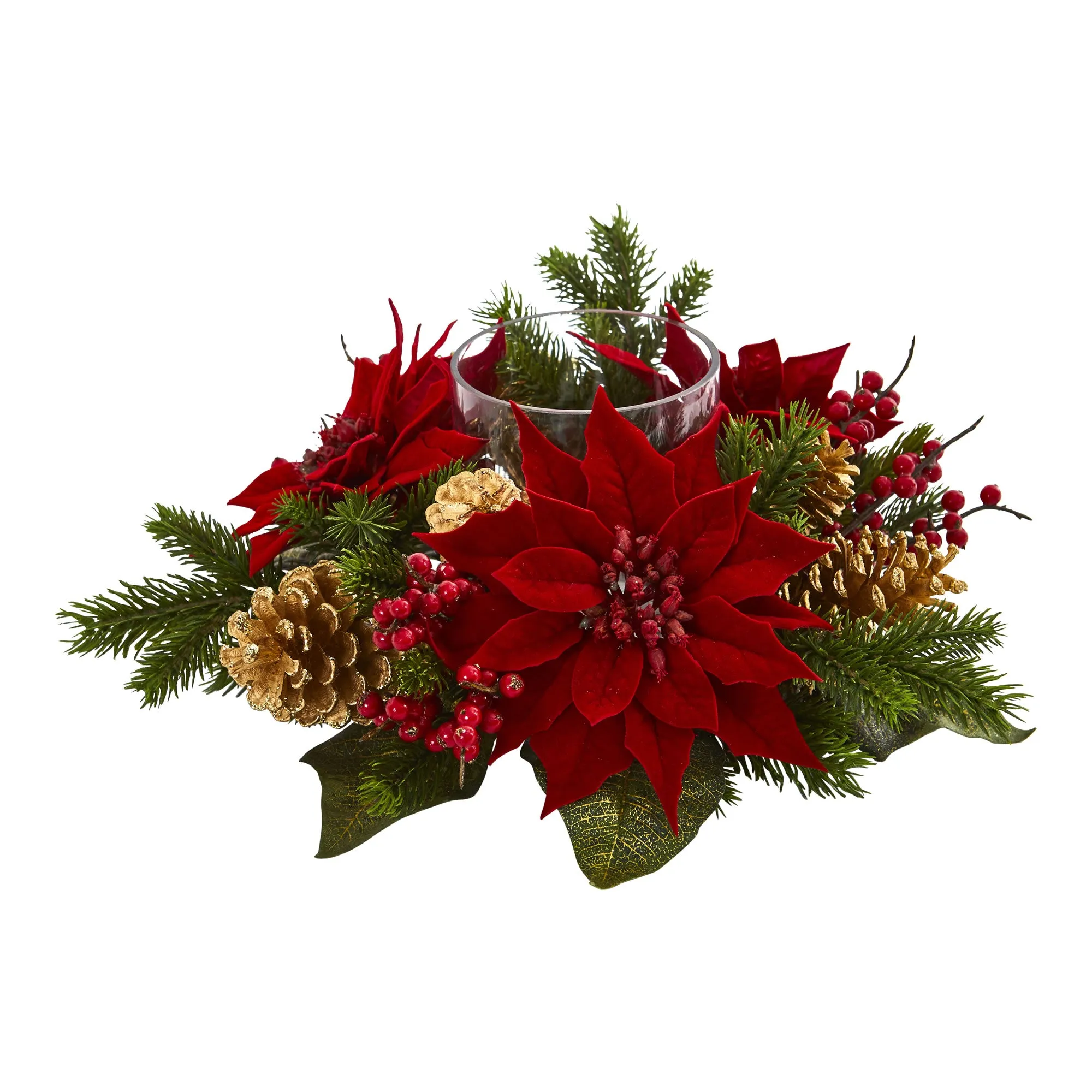 14" Artificial Poinsettia, Berry and Golden Pine Cone Candelabrum Arrangement - Low Maintenance, Life-Like & Vibrant Silk Flowers For Busy People.