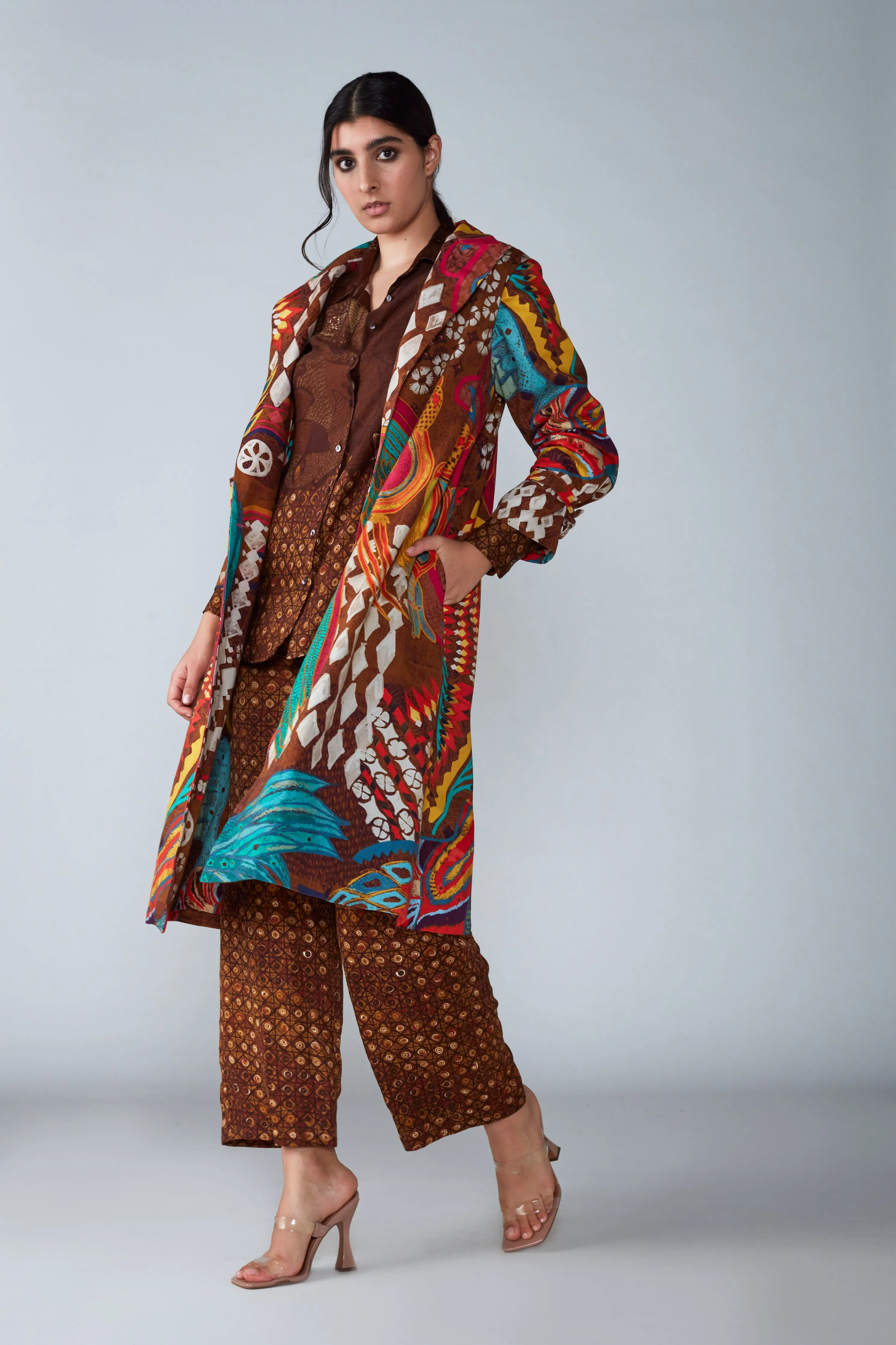 Abstract Bird Print Coat Set
