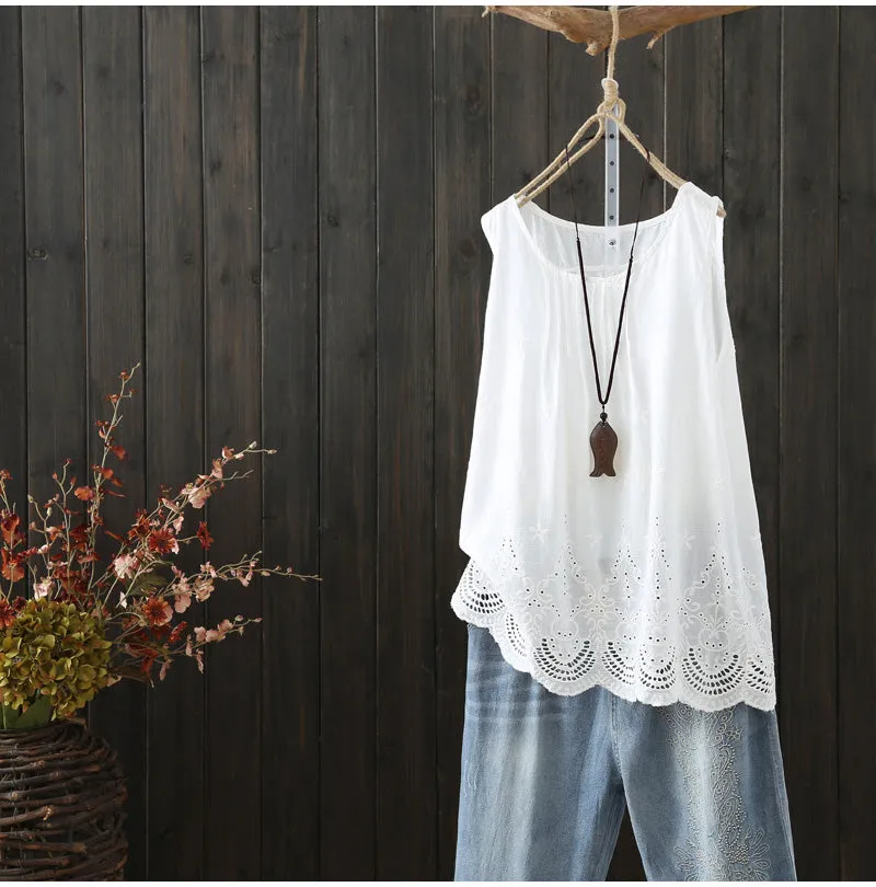 AUTUMN SLEEVELESS SMOCK TOP WITH BROIDERY HEM
