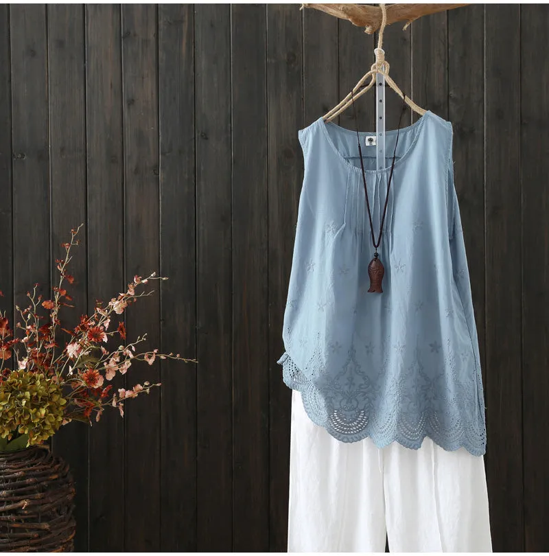 AUTUMN SLEEVELESS SMOCK TOP WITH BROIDERY HEM