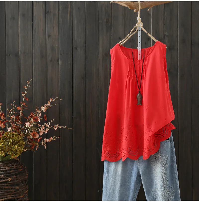 AUTUMN SLEEVELESS SMOCK TOP WITH BROIDERY HEM