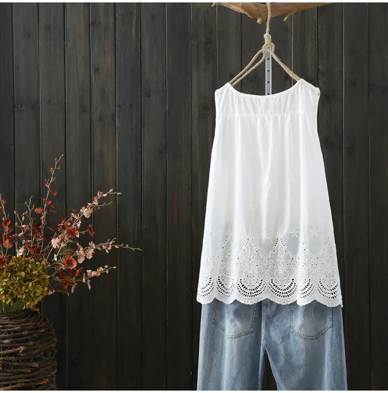 AUTUMN SLEEVELESS SMOCK TOP WITH BROIDERY HEM
