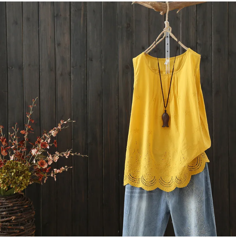 AUTUMN SLEEVELESS SMOCK TOP WITH BROIDERY HEM