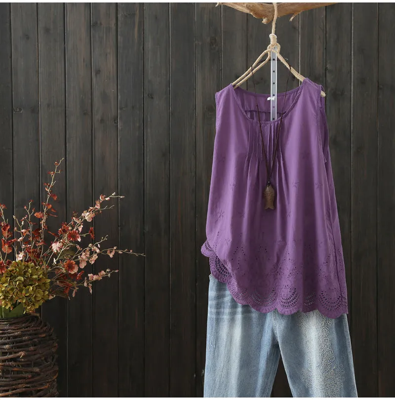 AUTUMN SLEEVELESS SMOCK TOP WITH BROIDERY HEM