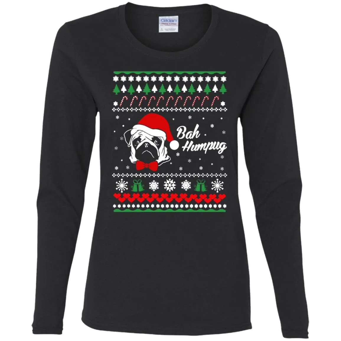 Bah Hum Pug Dog Christmas Women Long Sleeve Shirt