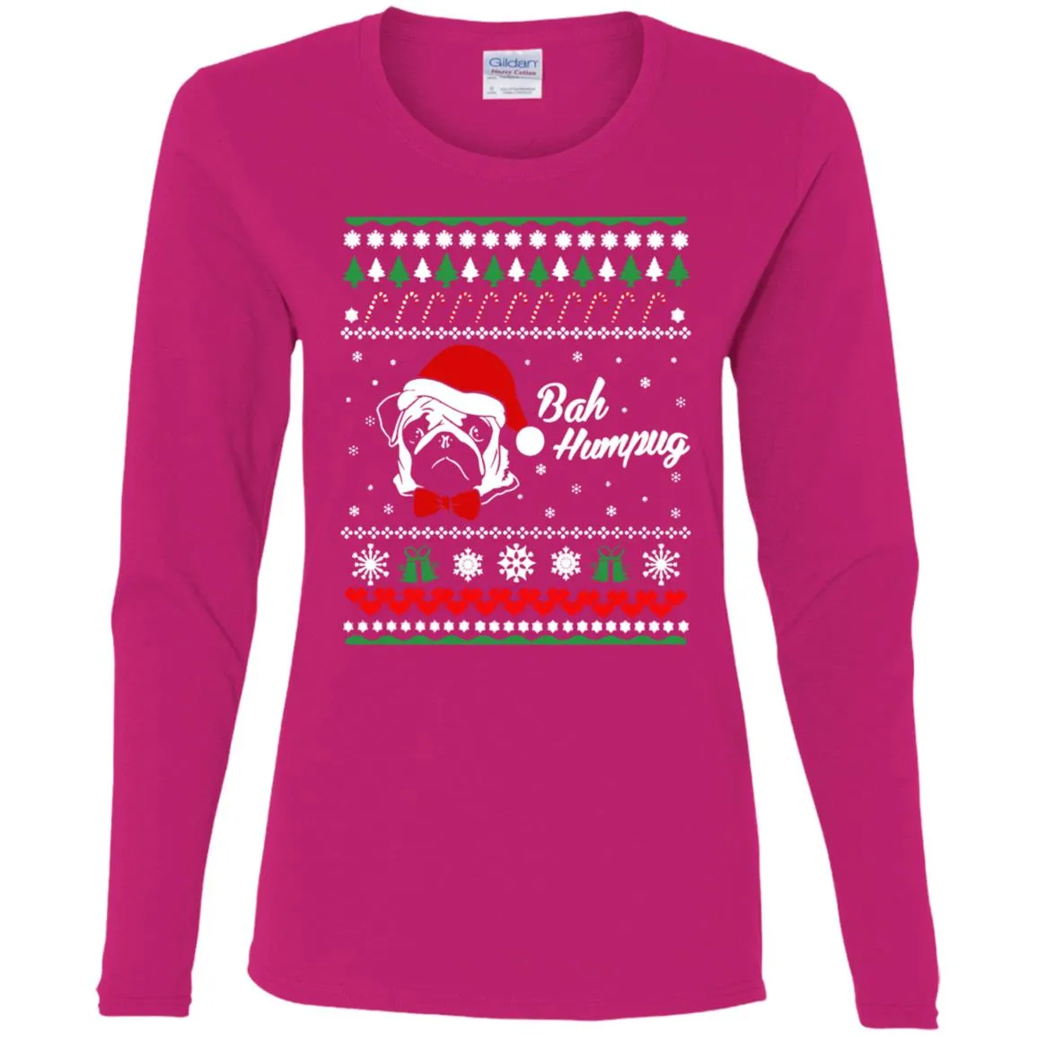 Bah Hum Pug Dog Christmas Women Long Sleeve Shirt