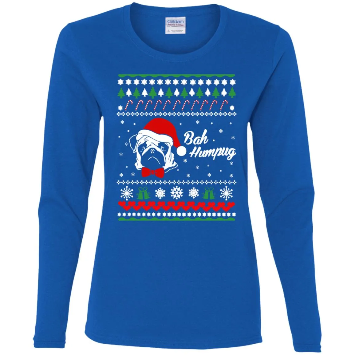 Bah Hum Pug Dog Christmas Women Long Sleeve Shirt