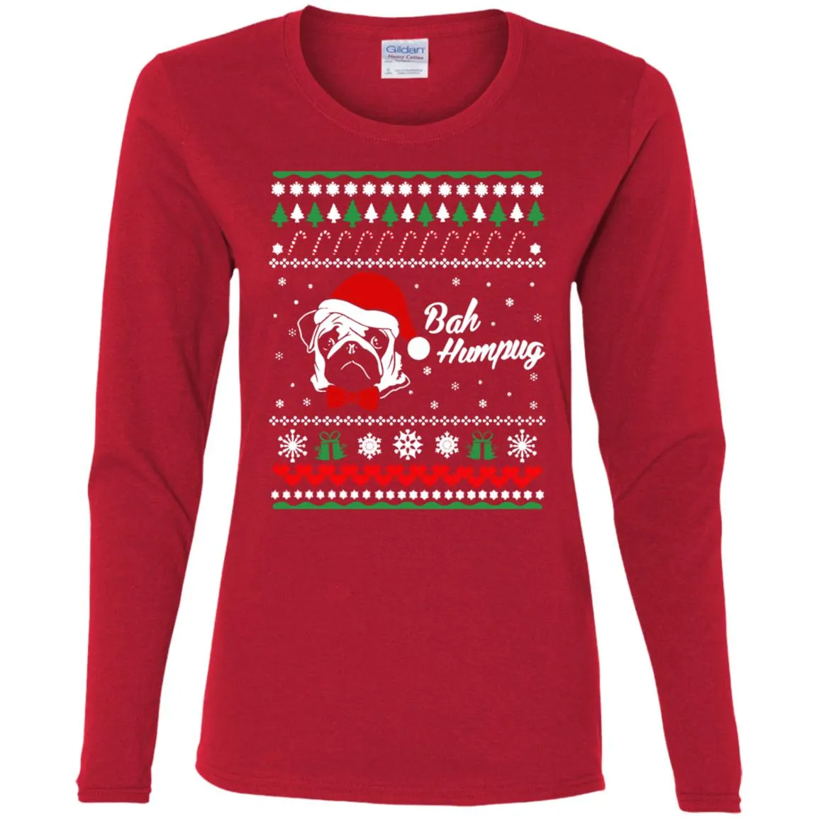 Bah Hum Pug Dog Christmas Women Long Sleeve Shirt