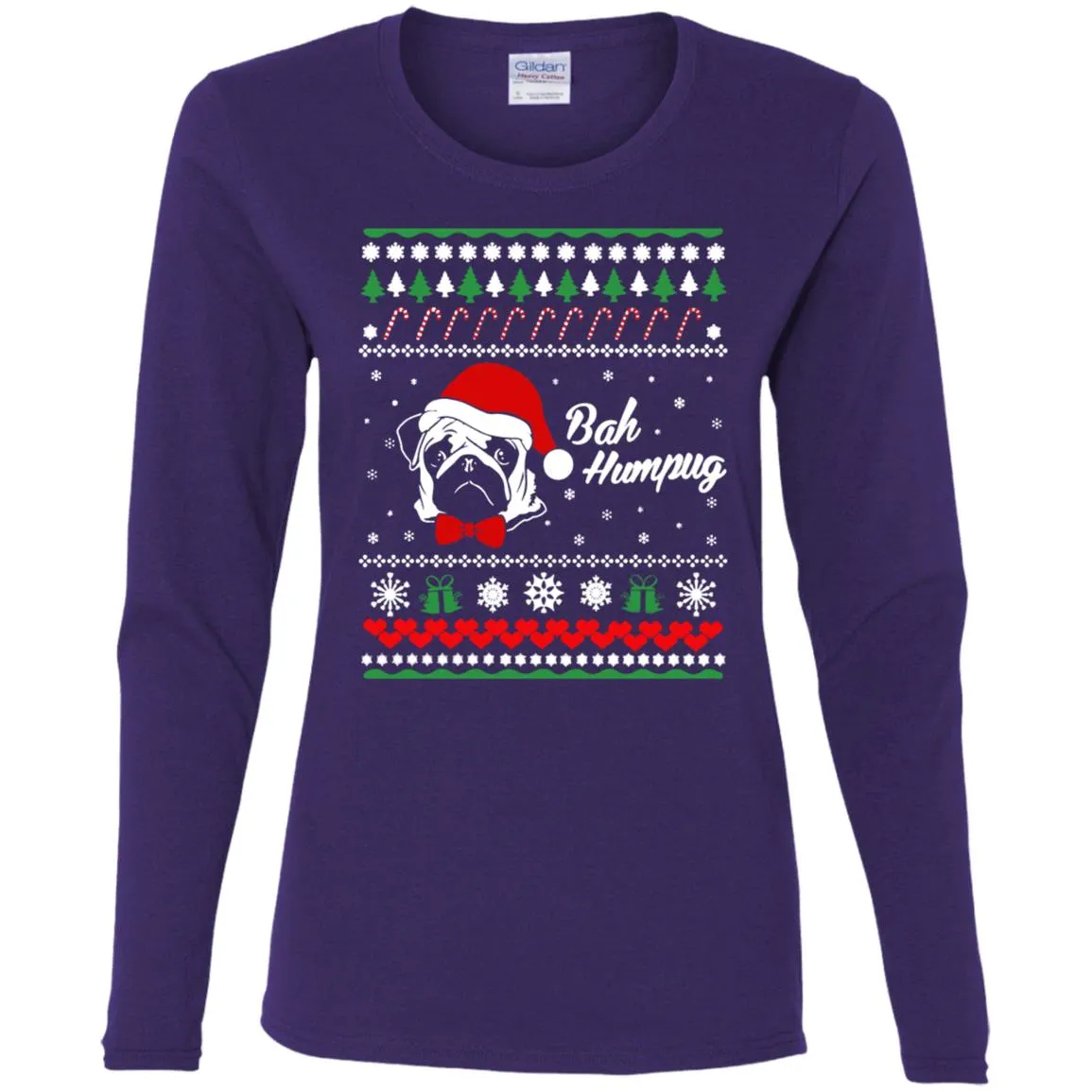 Bah Hum Pug Dog Christmas Women Long Sleeve Shirt