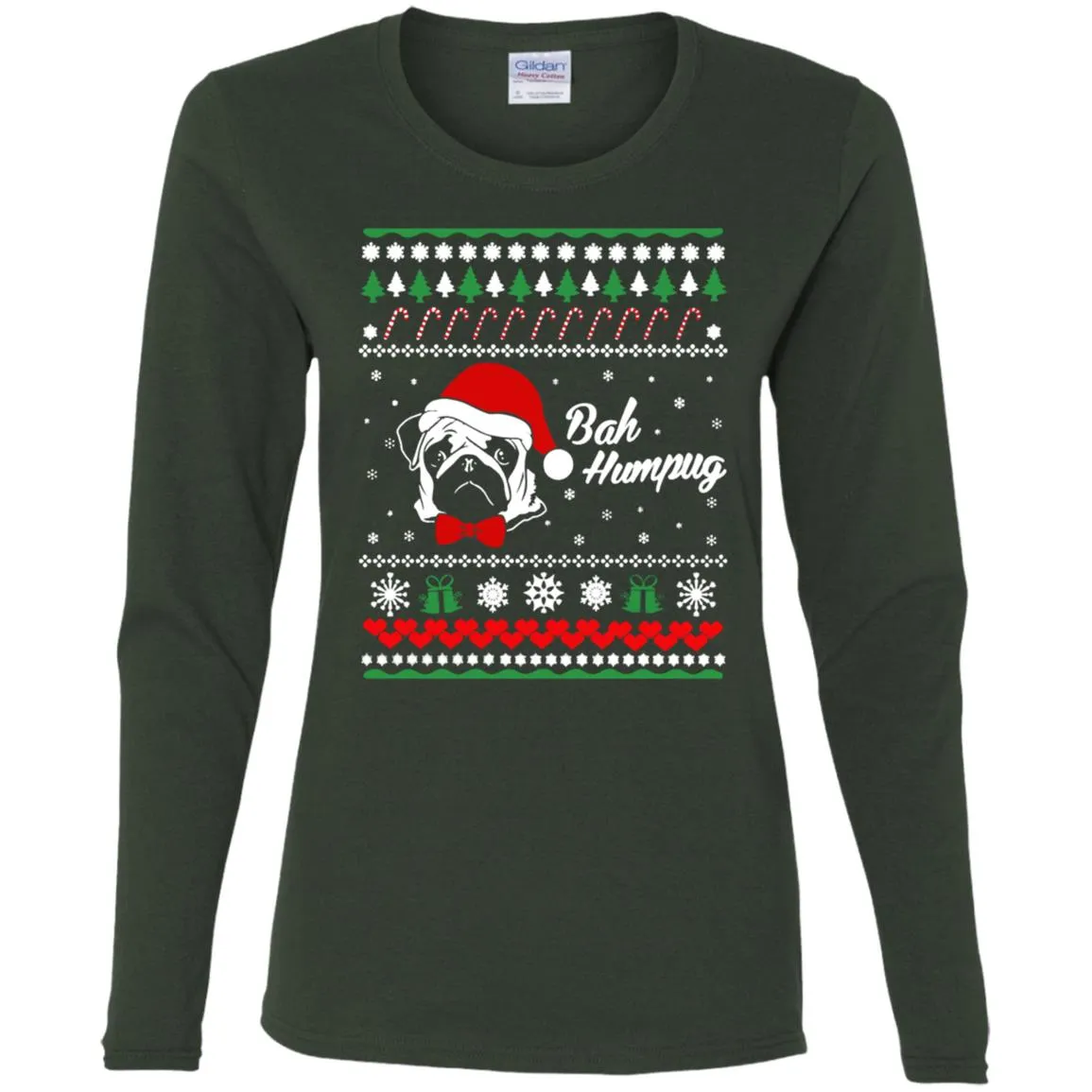 Bah Hum Pug Dog Christmas Women Long Sleeve Shirt