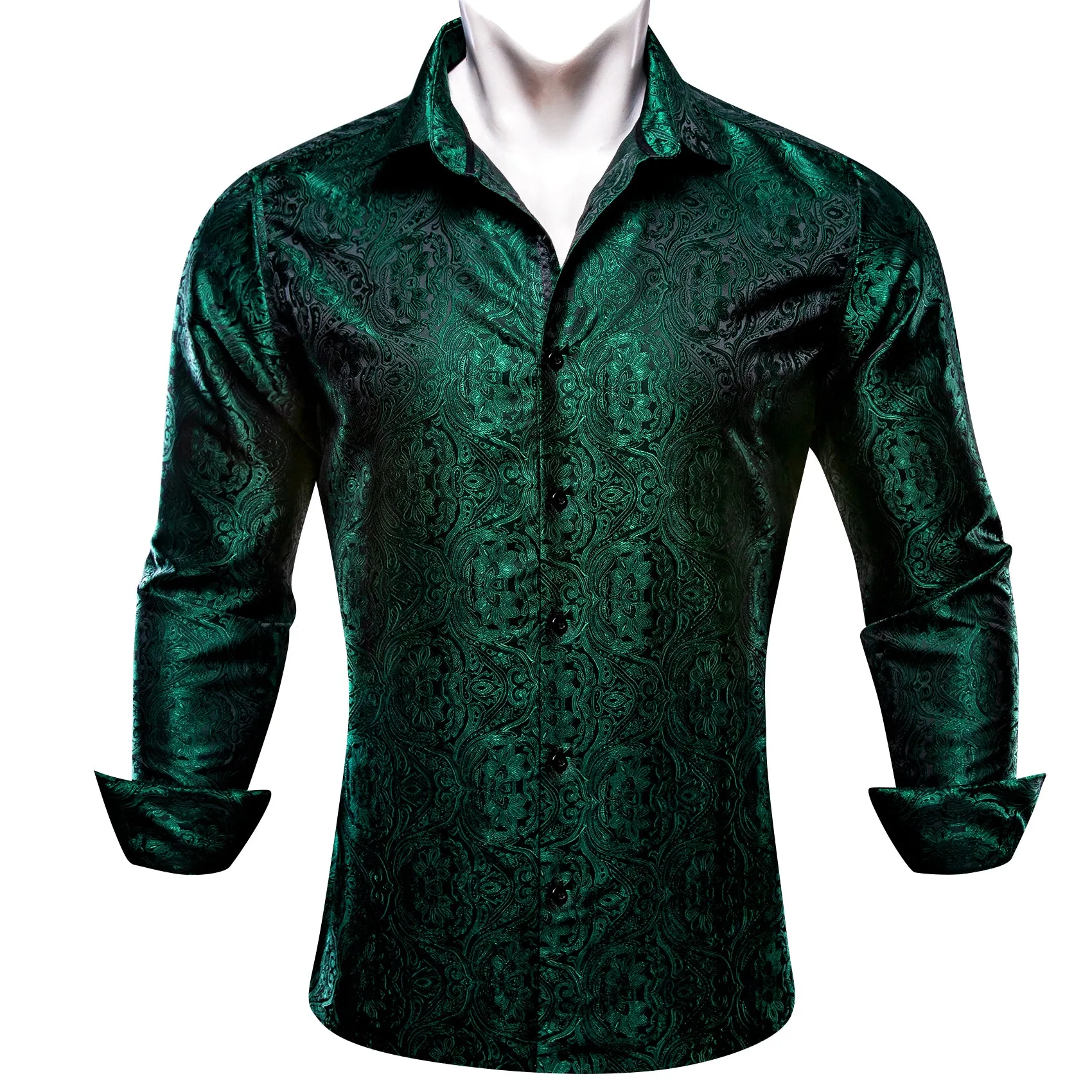 Barry Wang Button Down Shirt Casual Black Green Paisley Men's Shirt