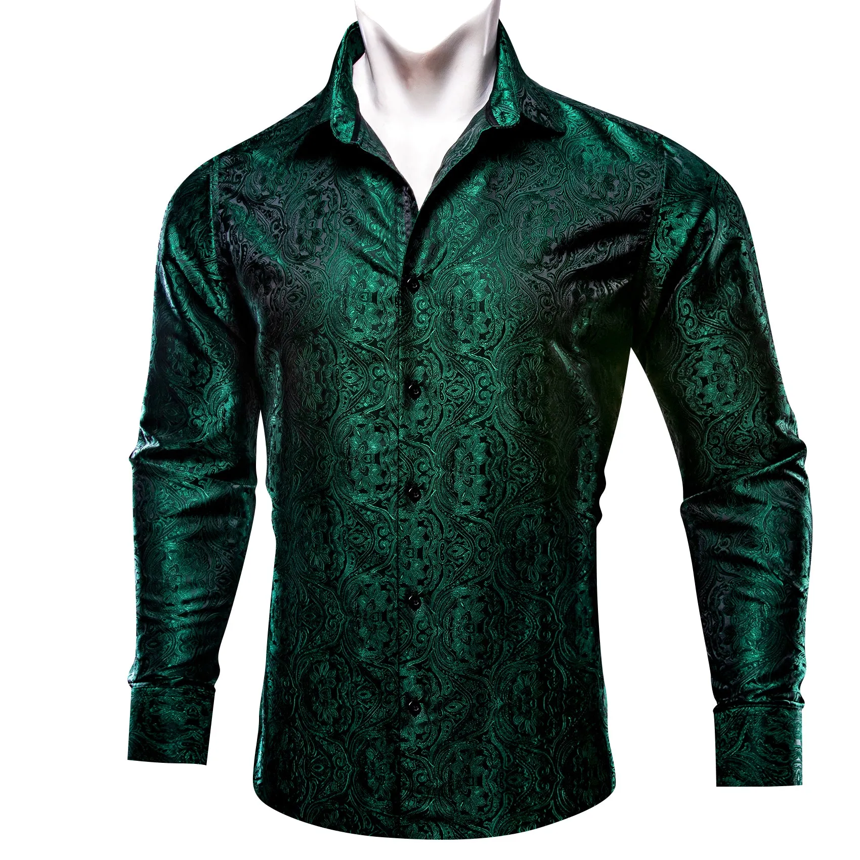Barry Wang Button Down Shirt Casual Black Green Paisley Men's Shirt