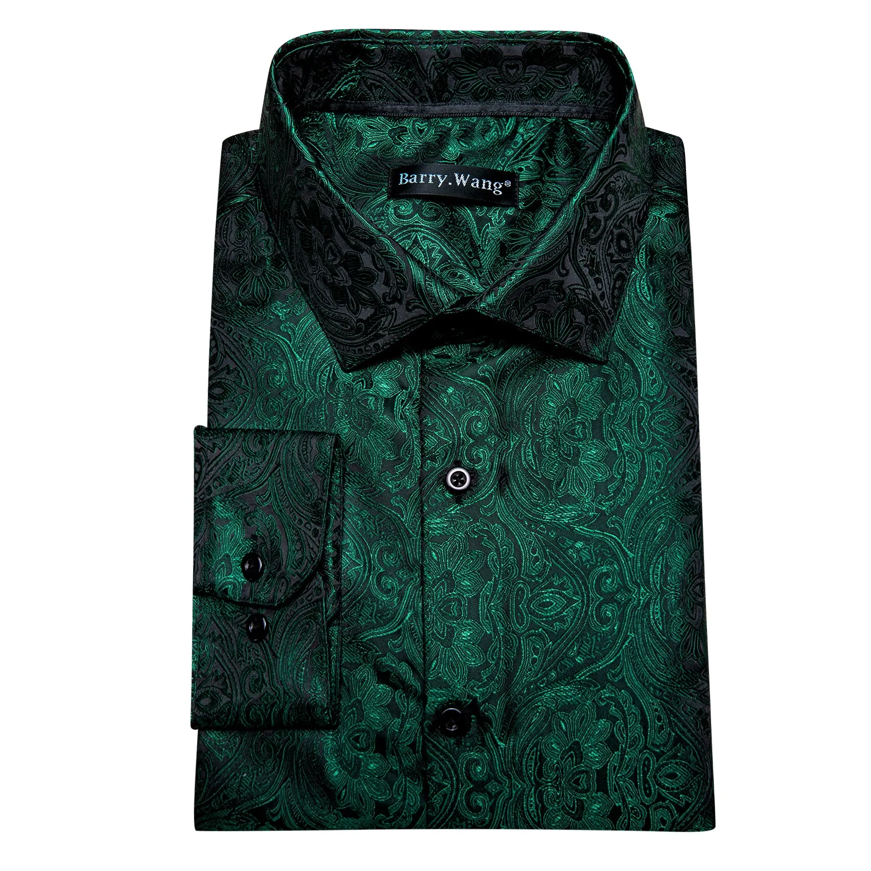Barry Wang Button Down Shirt Casual Black Green Paisley Men's Shirt