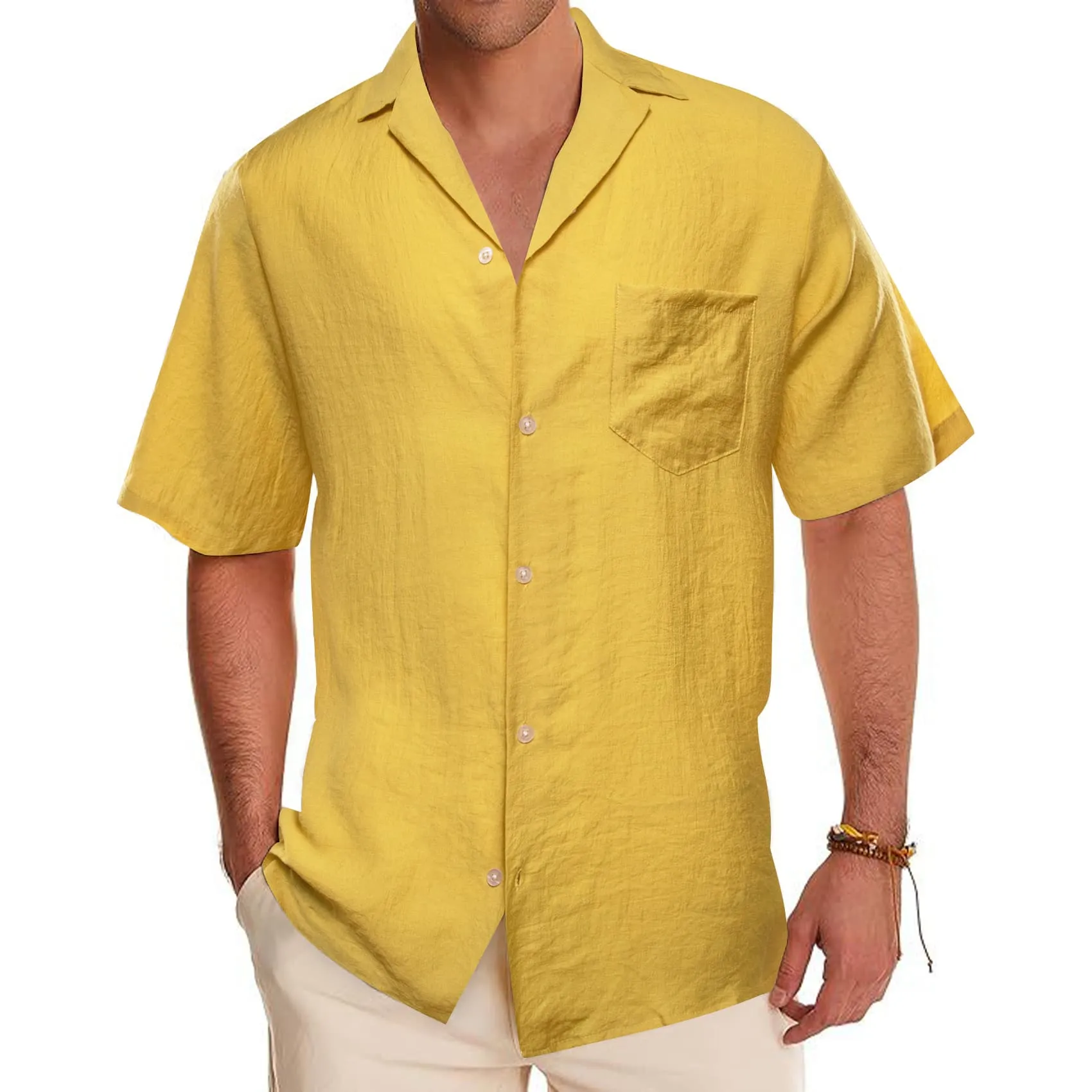 Barry Wang Men Shirts Yellow Solid Dress Button Up Short Sleeve Shirt