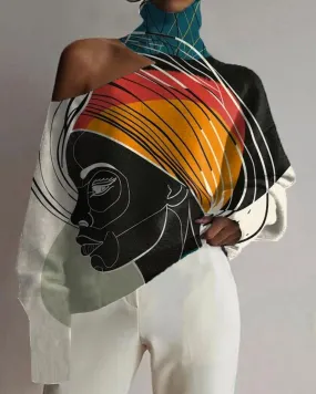 Black Girl Geometric Line Art Color Matching Print Sexy Cutout Top