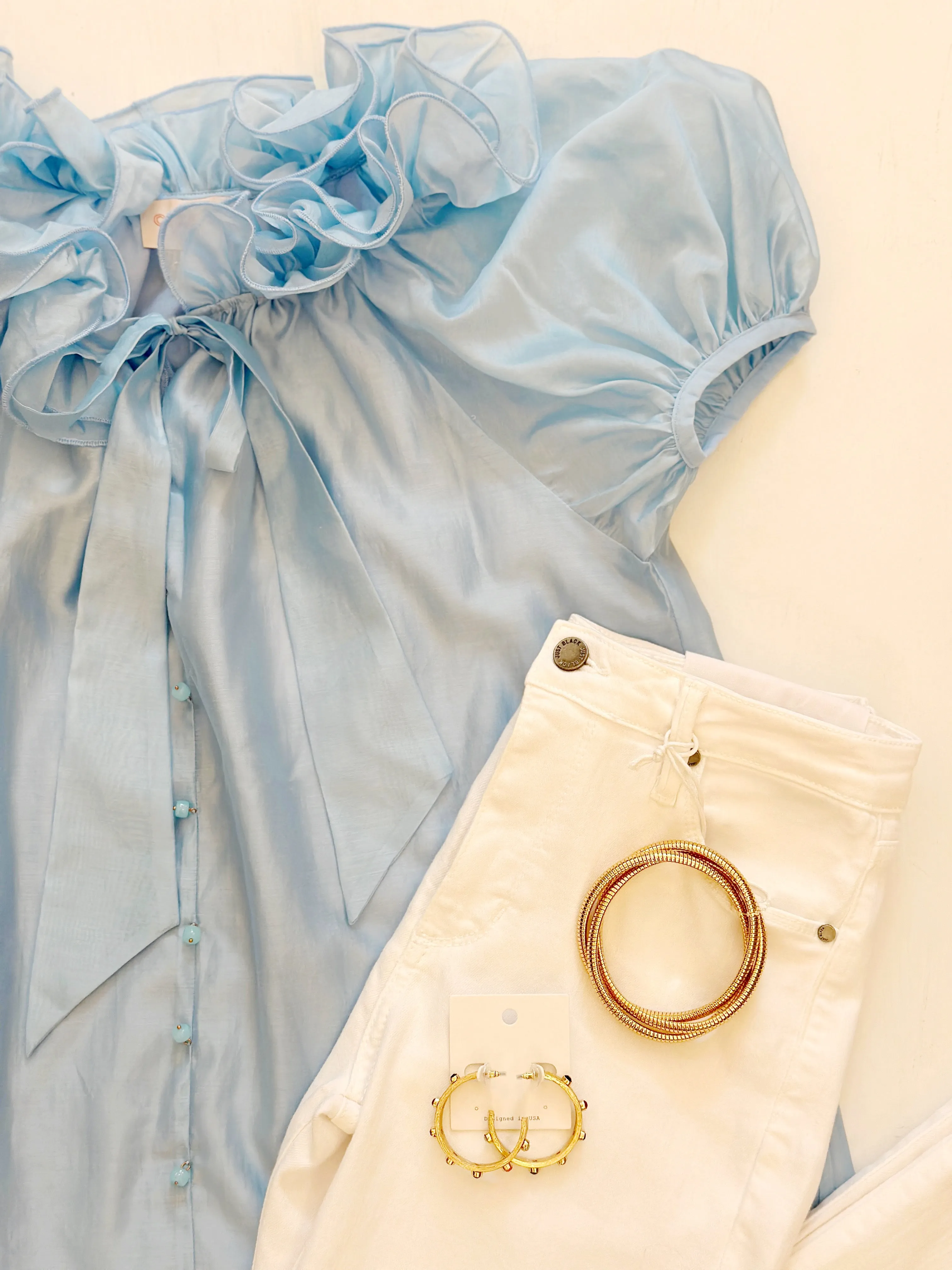 Bubble Sleeve Flutter Neck Top