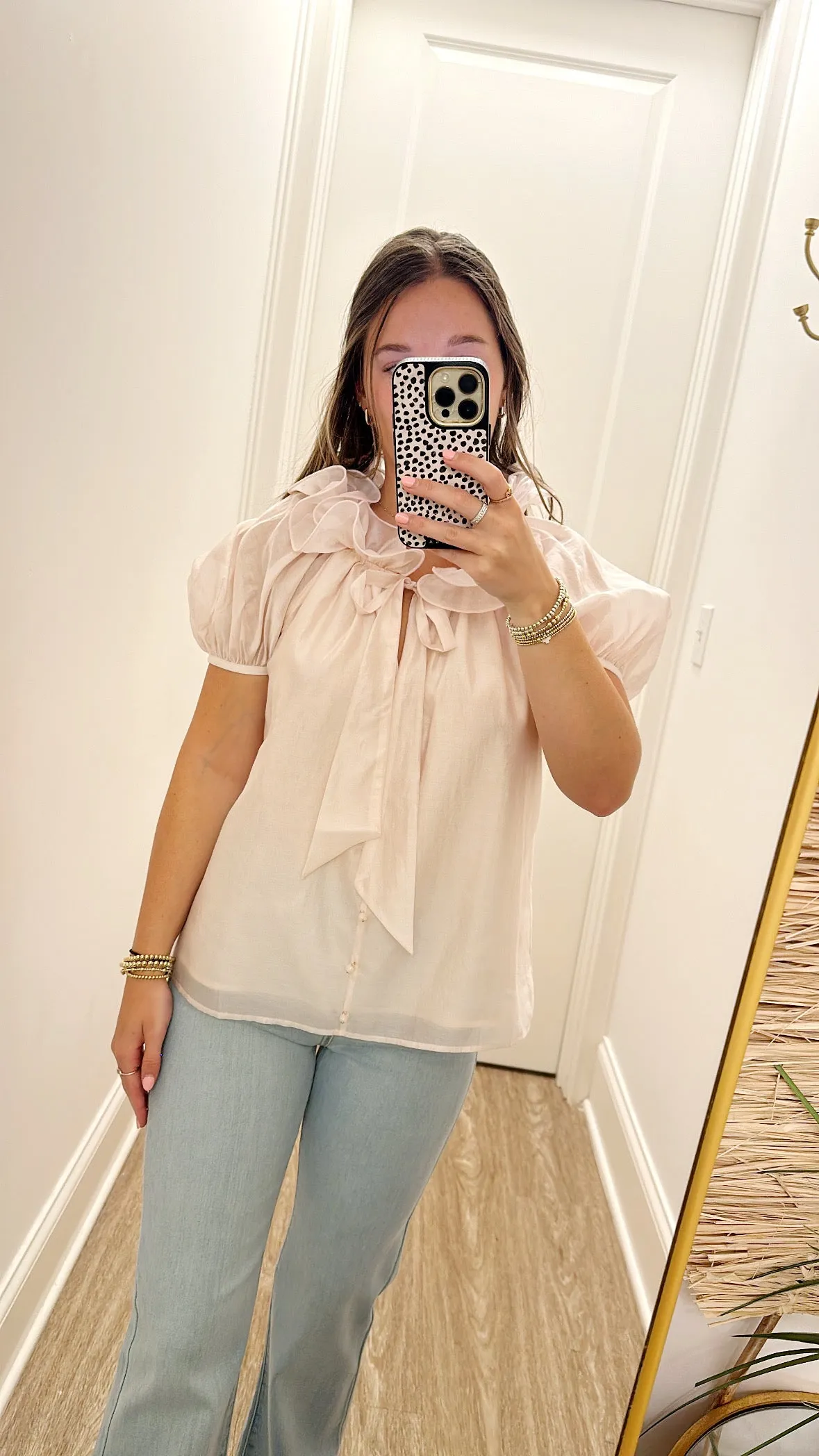 Bubble Sleeve Flutter Neck Top
