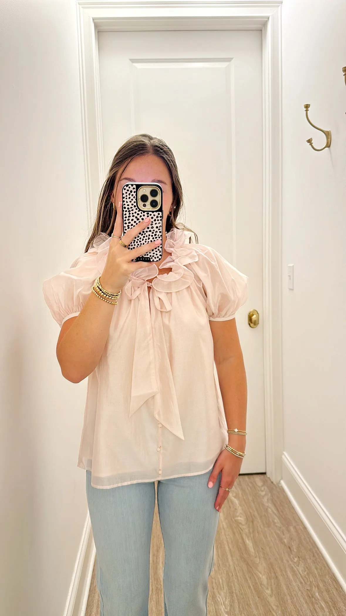 Bubble Sleeve Flutter Neck Top
