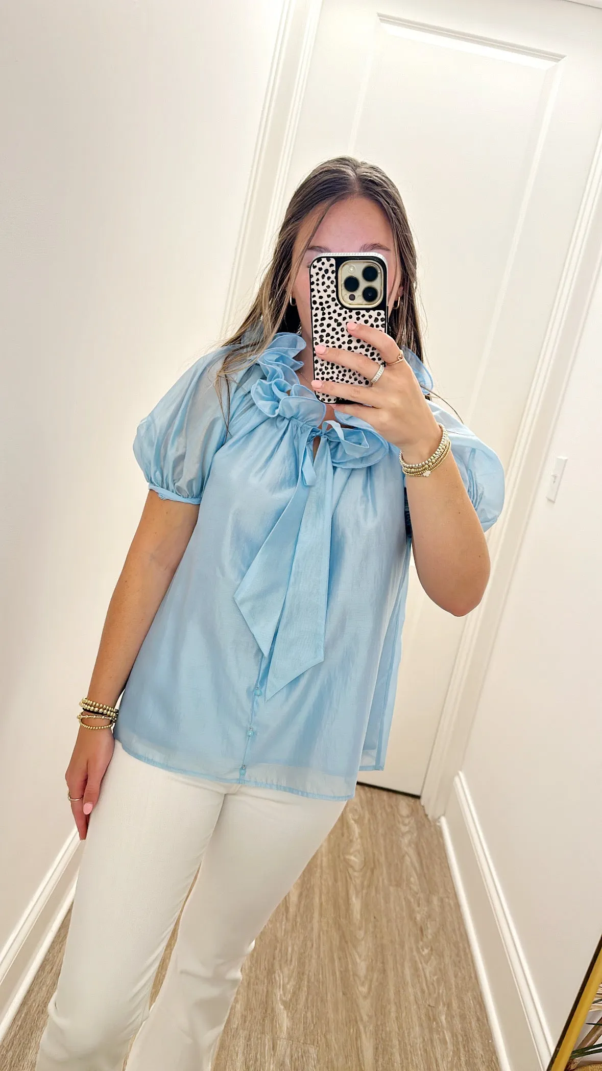 Bubble Sleeve Flutter Neck Top