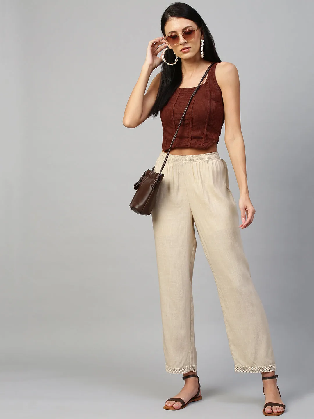 Crosshatch Viscose Wide Leg Trouser W/ Lace Border