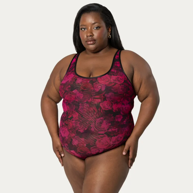 Curvy Couture Sheer Mesh Bodysuit Dramatic Roses