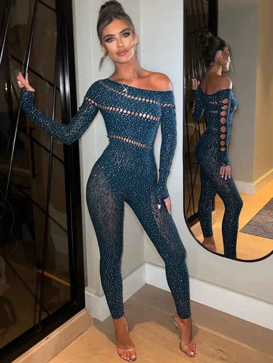 Cut Out Detail Lace One Shoulder Catsuit