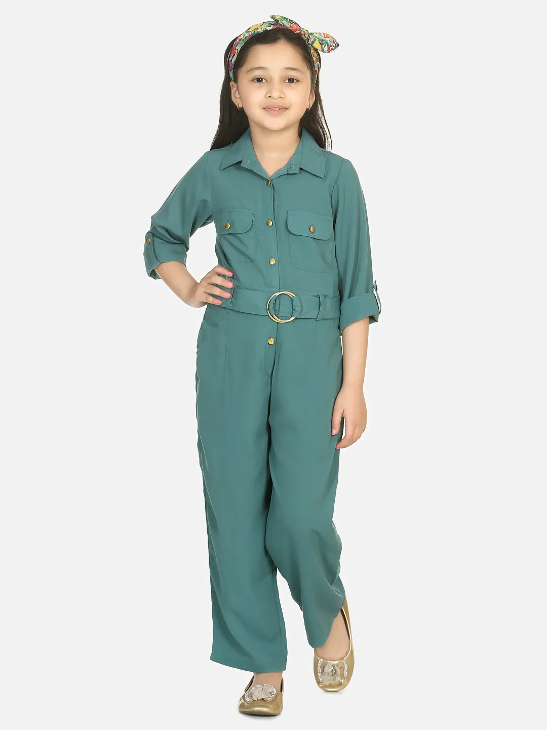 Dark Green Golden Button Formal Jumpsuit