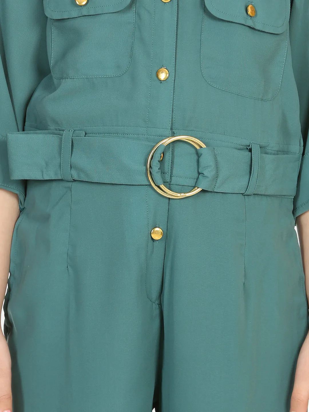 Dark Green Golden Button Formal Jumpsuit