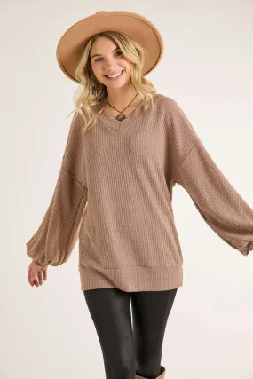 Dark Taupe Puff Sleeve Waffle Top
