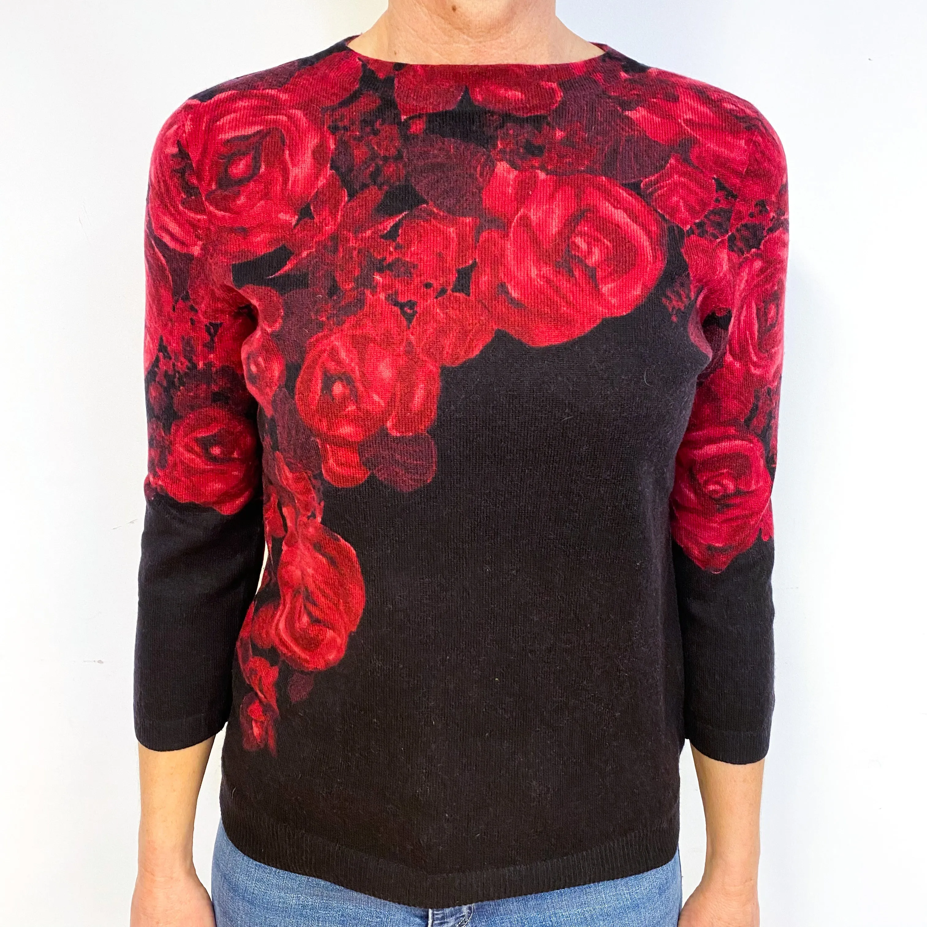 Darkest Brown Red Floral Cashmere Crew Neck Jumper Medium