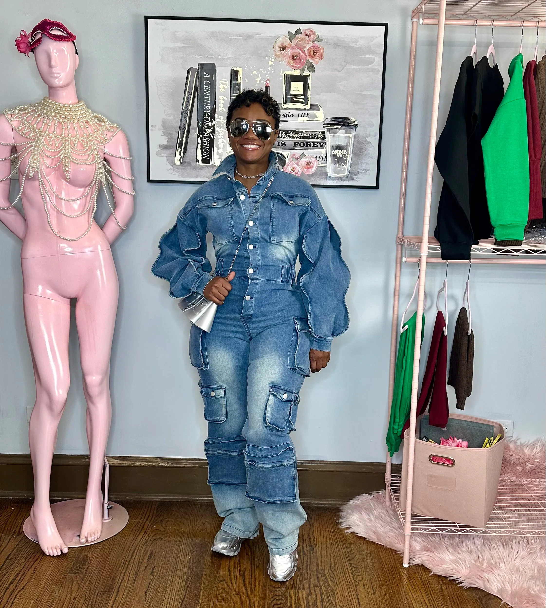 Denim Cargo Ruffle Sleeve Jumpsuit