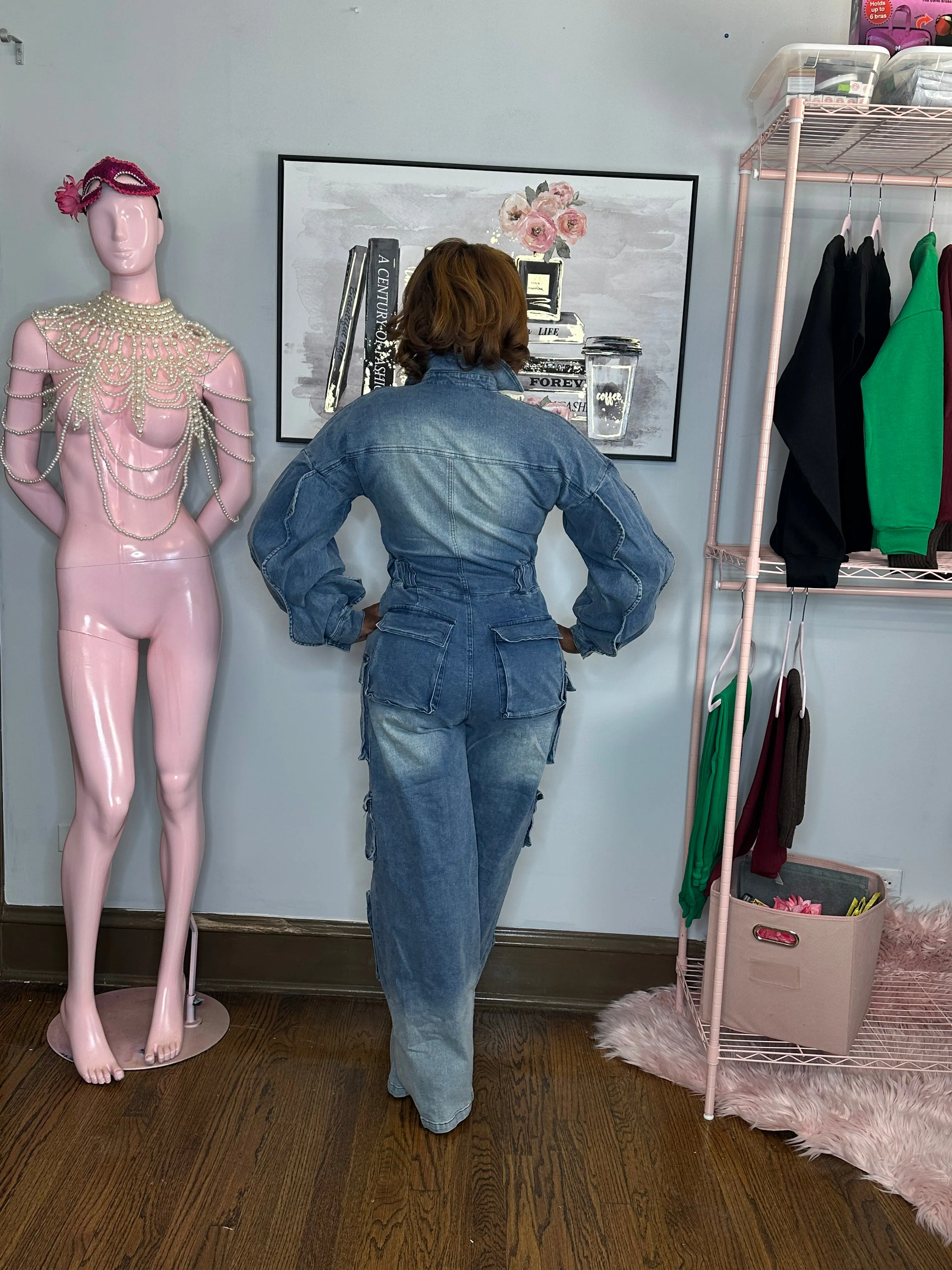 Denim Cargo Ruffle Sleeve Jumpsuit