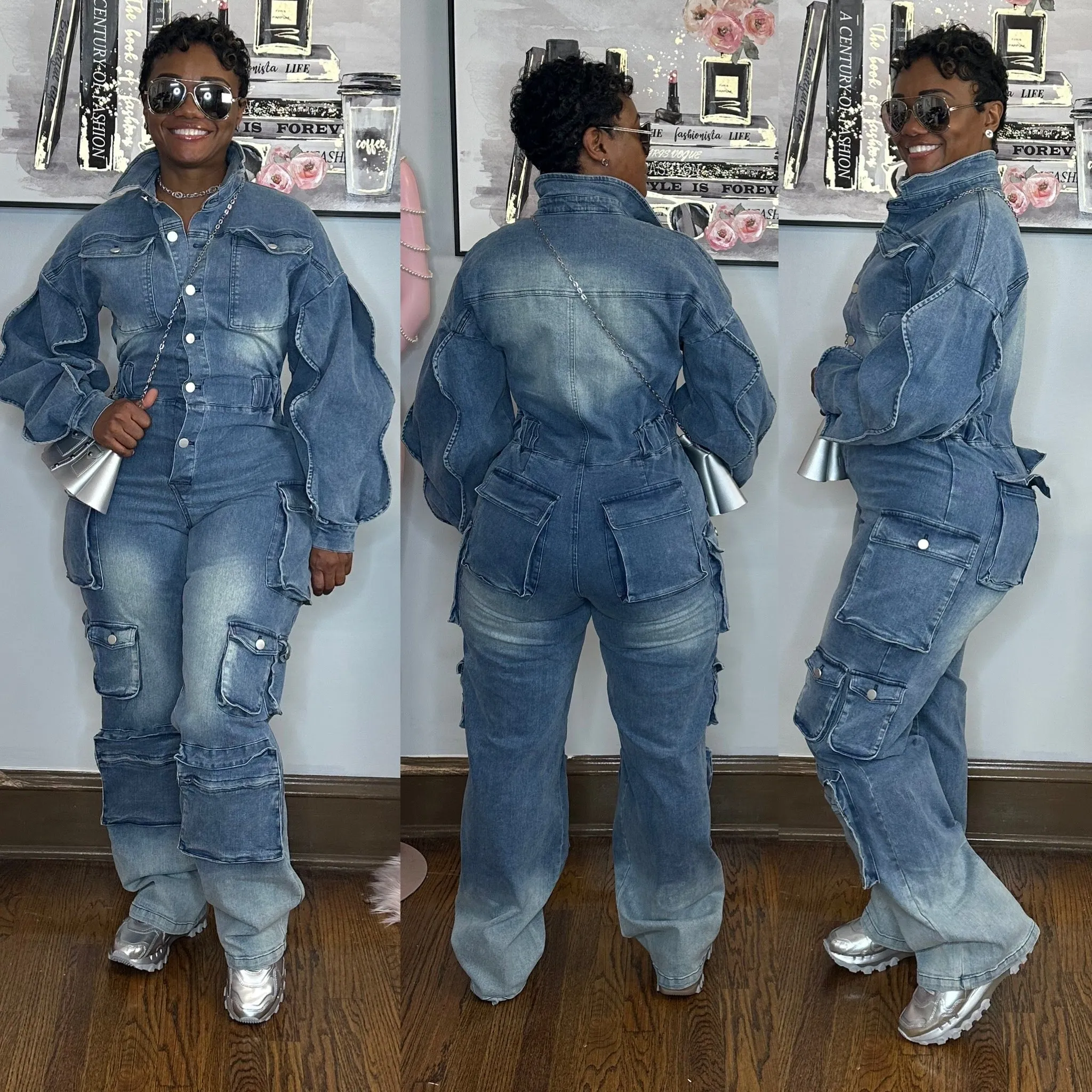 Denim Cargo Ruffle Sleeve Jumpsuit