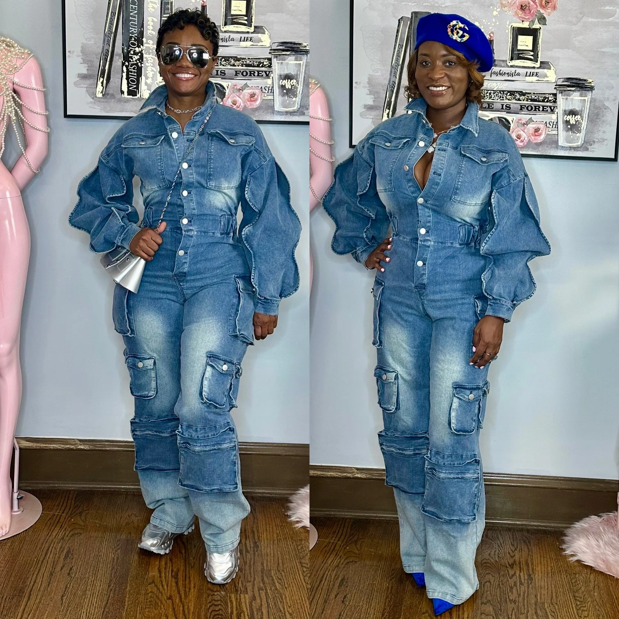 Denim Cargo Ruffle Sleeve Jumpsuit
