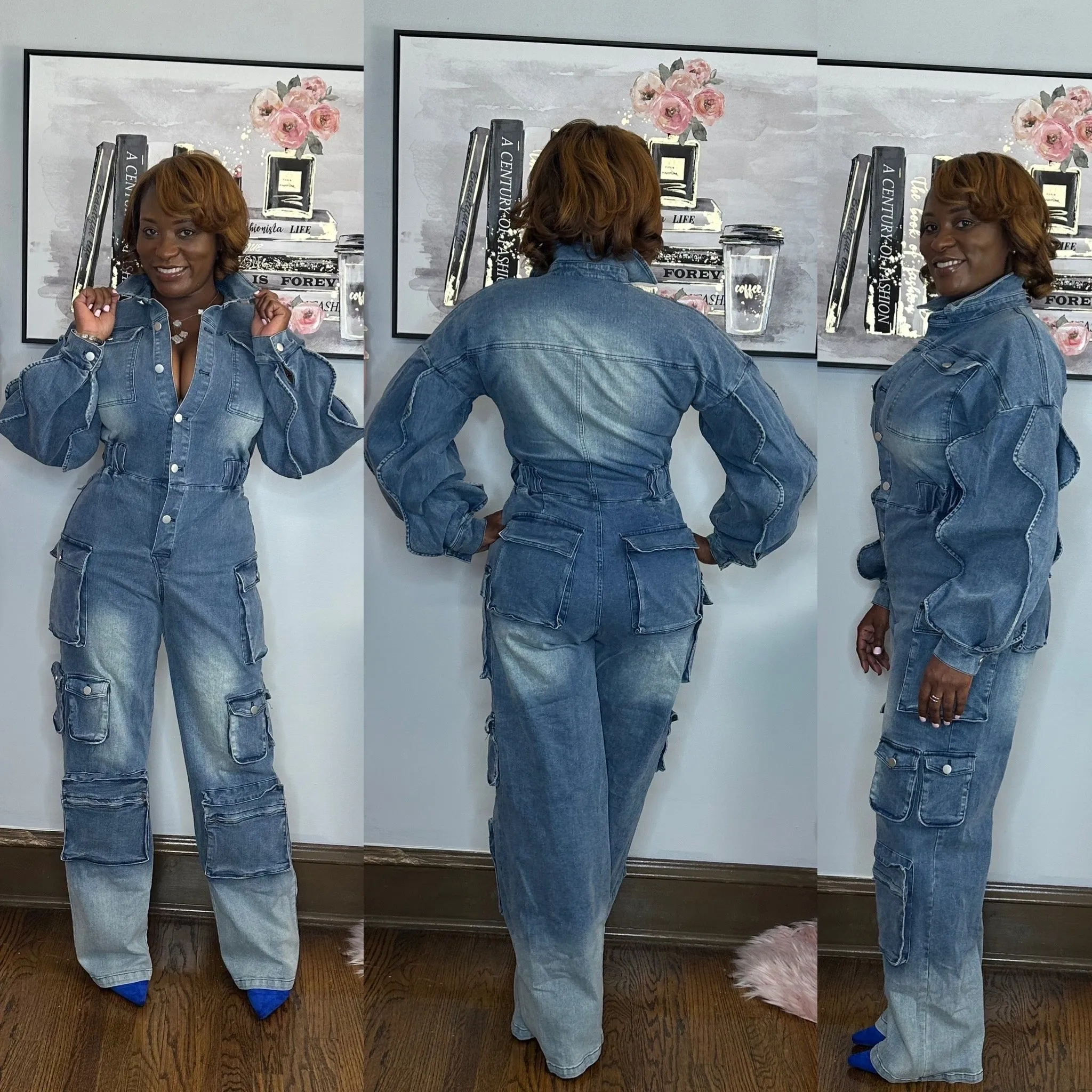 Denim Cargo Ruffle Sleeve Jumpsuit