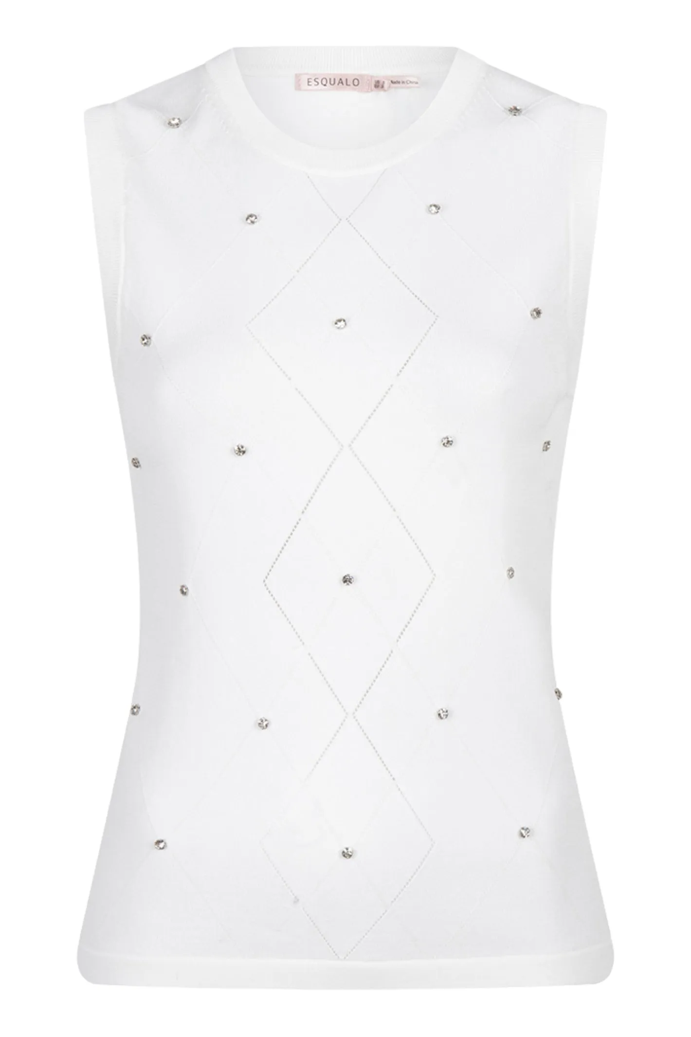 EsQualo 07000 Sweater Sleeveless Knit With Embellishment in Off White