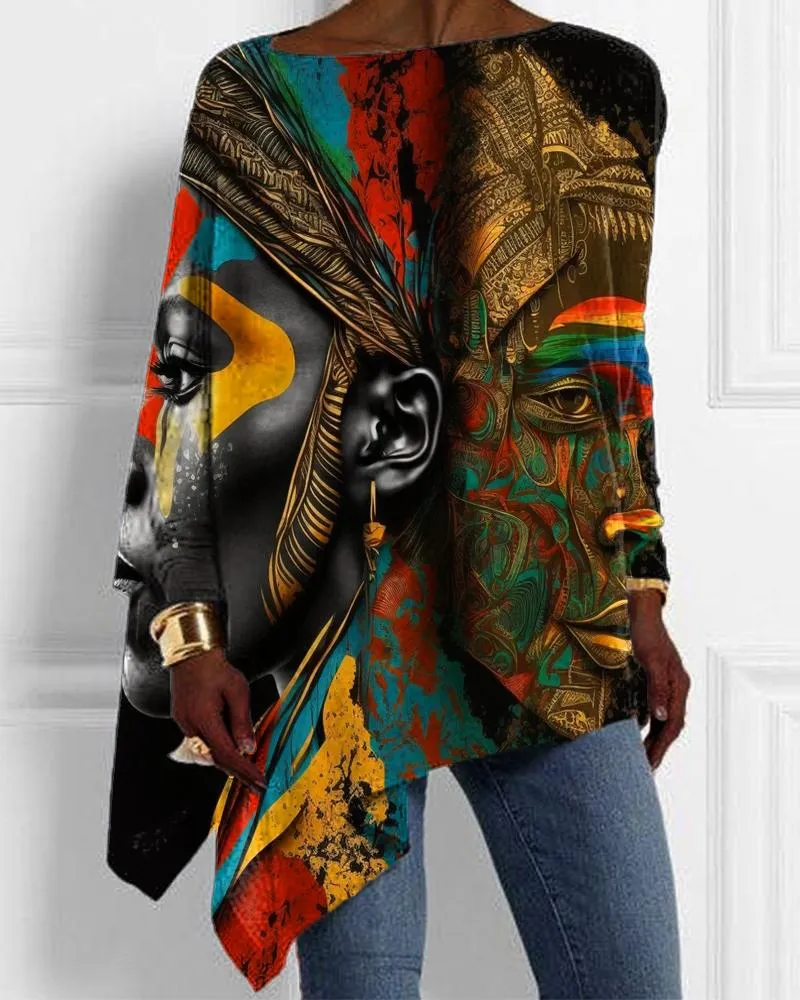 Ethnic Style Black Girl Simple Oil Painting Print Irregular Blouse