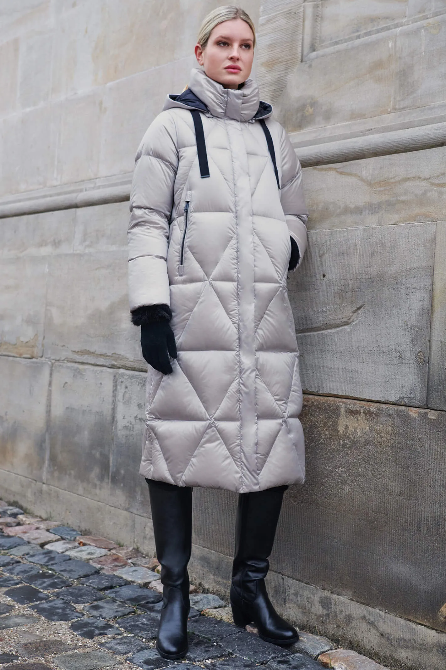 Frandsen 567-580-1190 Silver Grey Long Quilted Down Coat