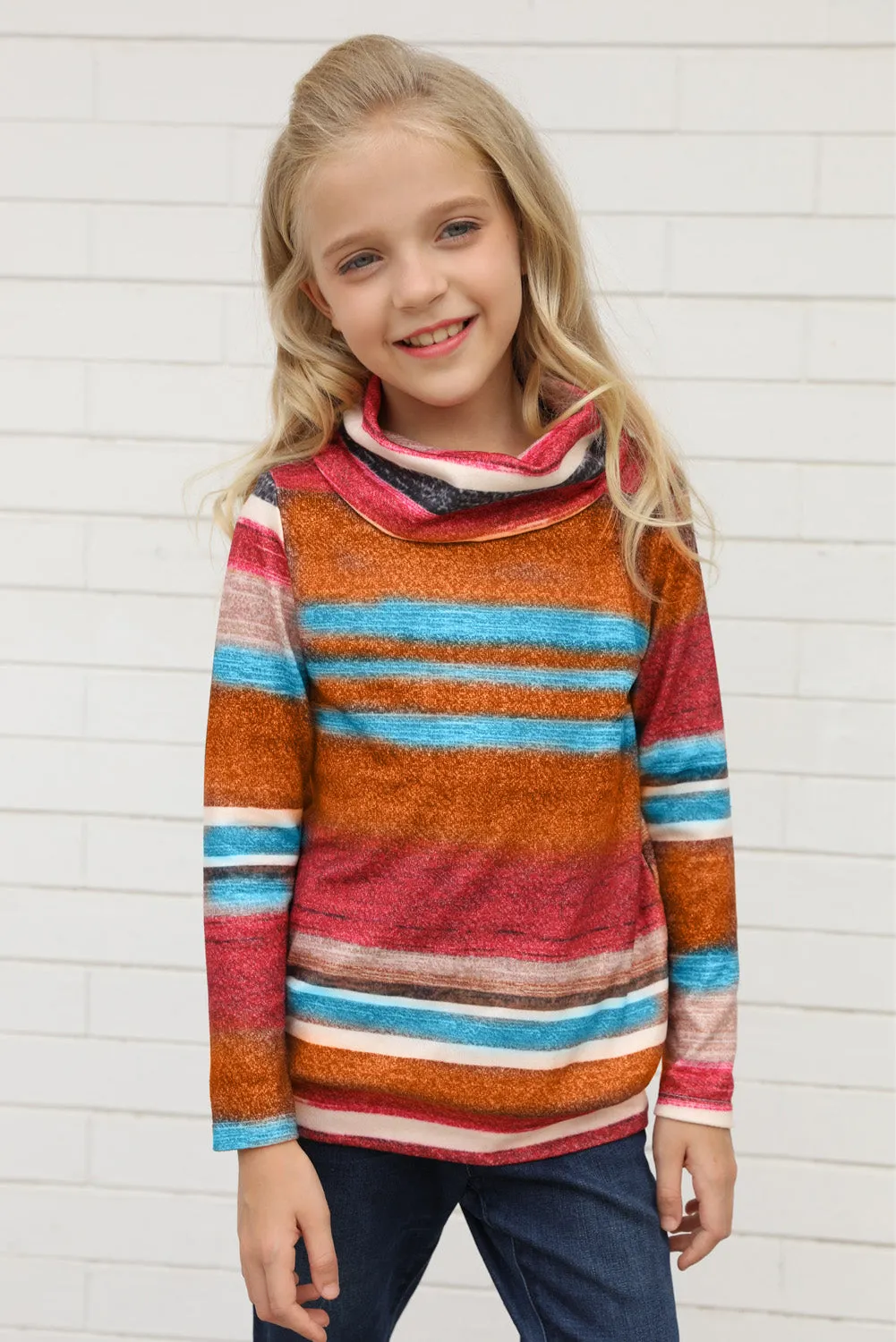 Girls Long Sleeve Mock Neck Striped Top