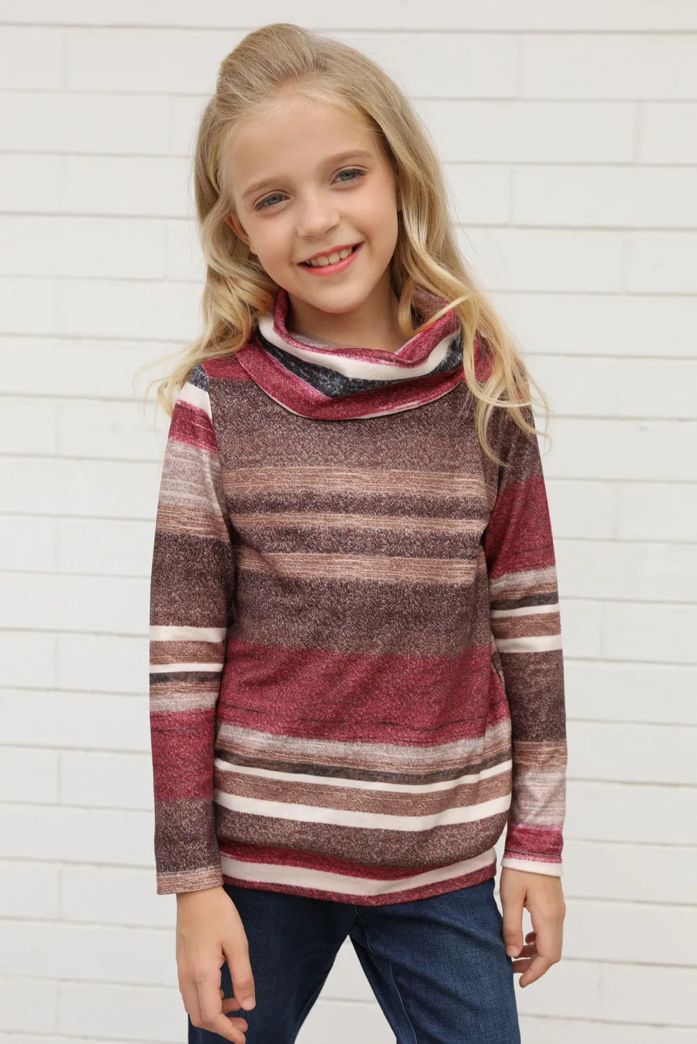 Girls Long Sleeve Mock Neck Striped Top