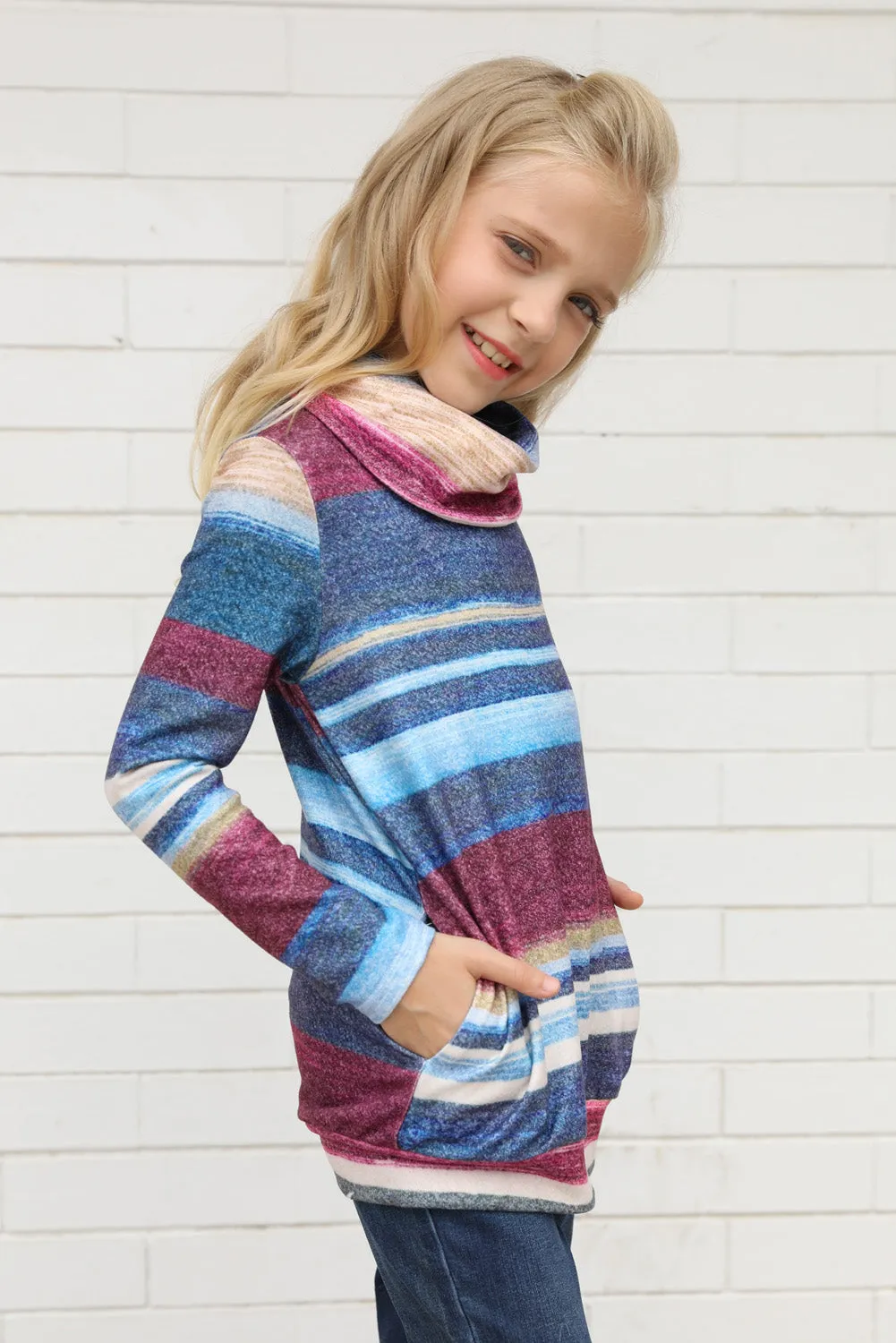 Girls Long Sleeve Mock Neck Striped Top