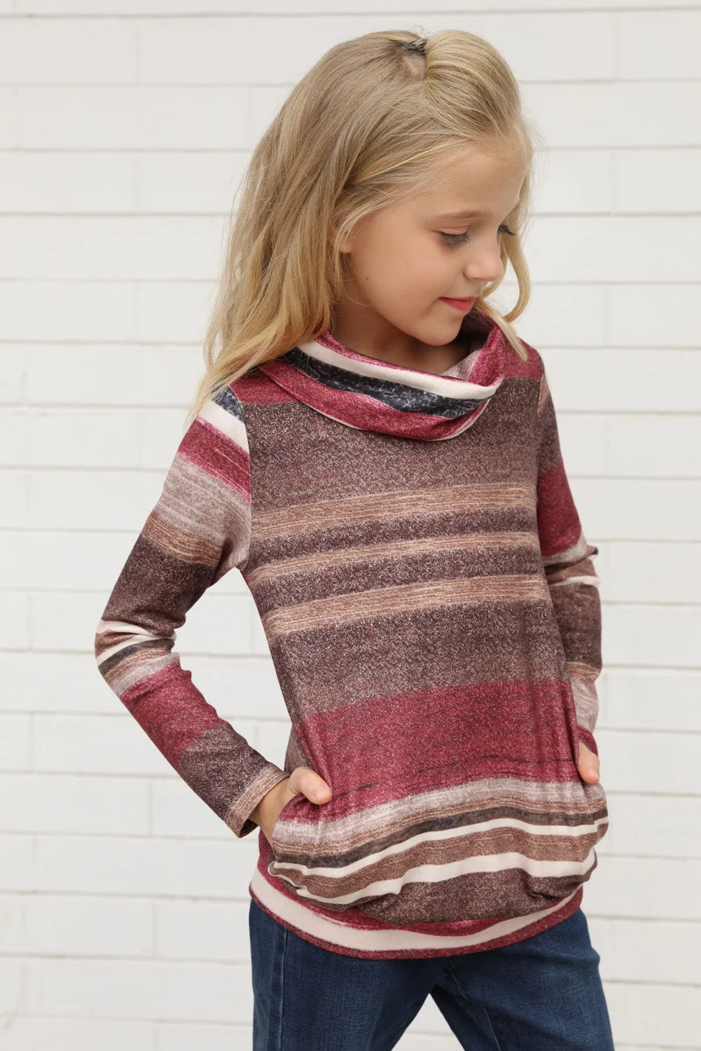 Girls Long Sleeve Mock Neck Striped Top