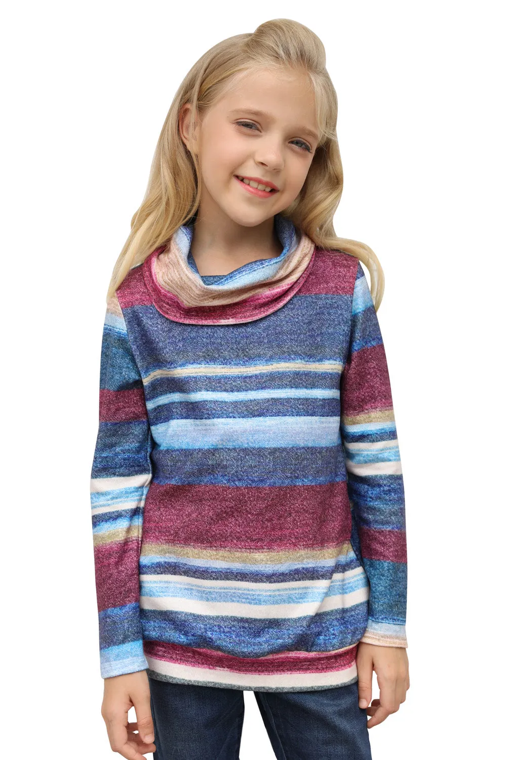 Girls Long Sleeve Mock Neck Striped Top