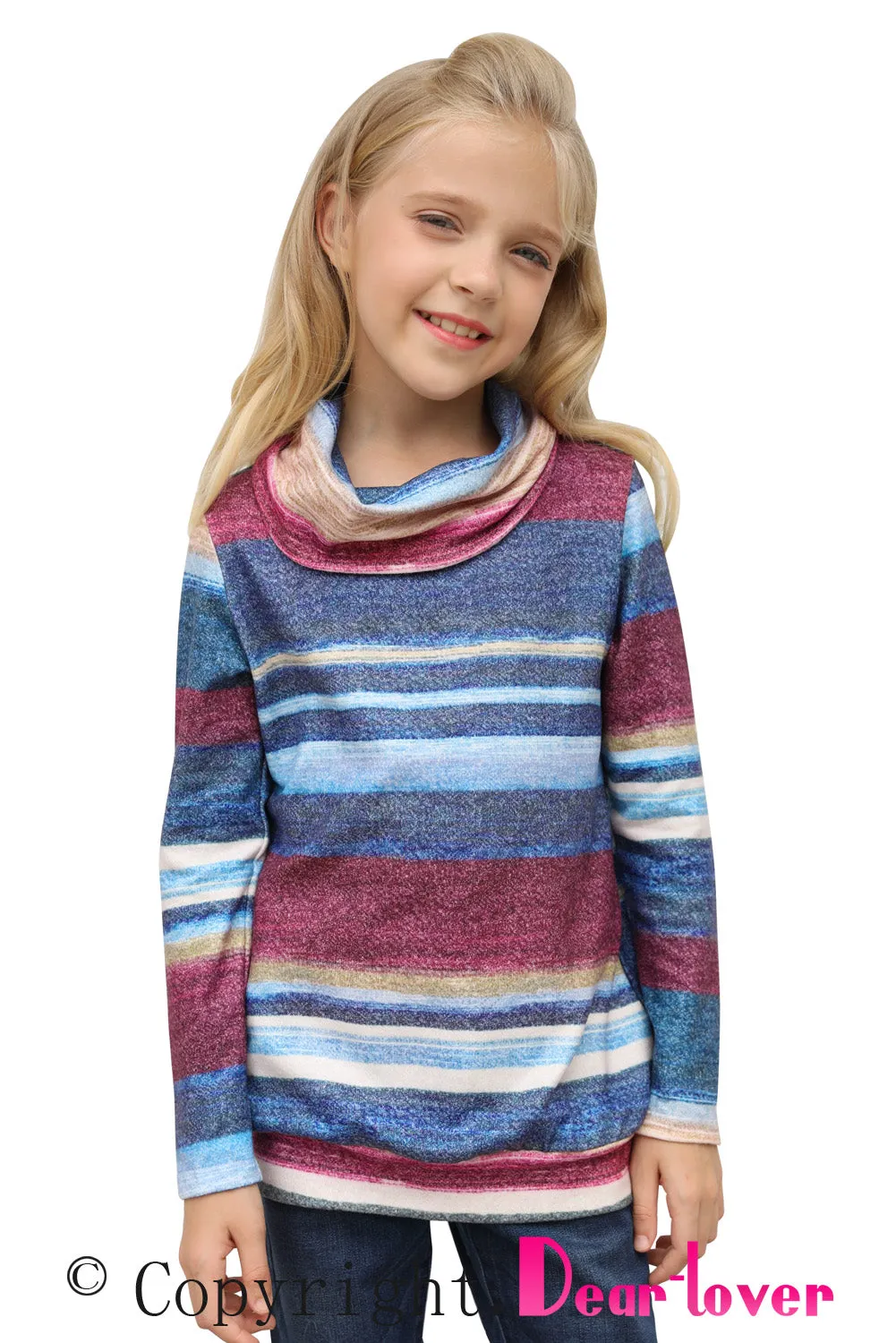 Girls Long Sleeve Mock Neck Striped Top