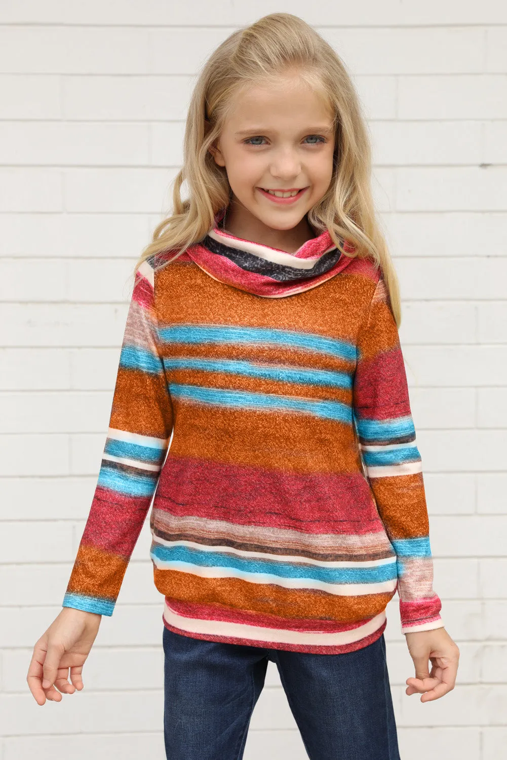 Girls Long Sleeve Mock Neck Striped Top