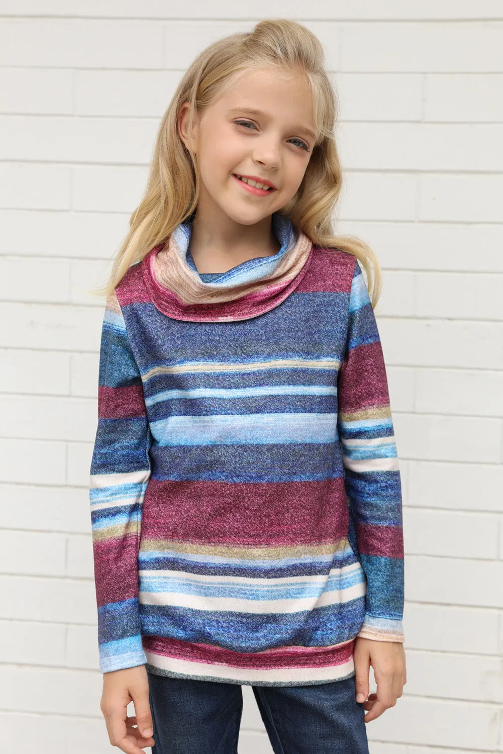 Girls Long Sleeve Mock Neck Striped Top