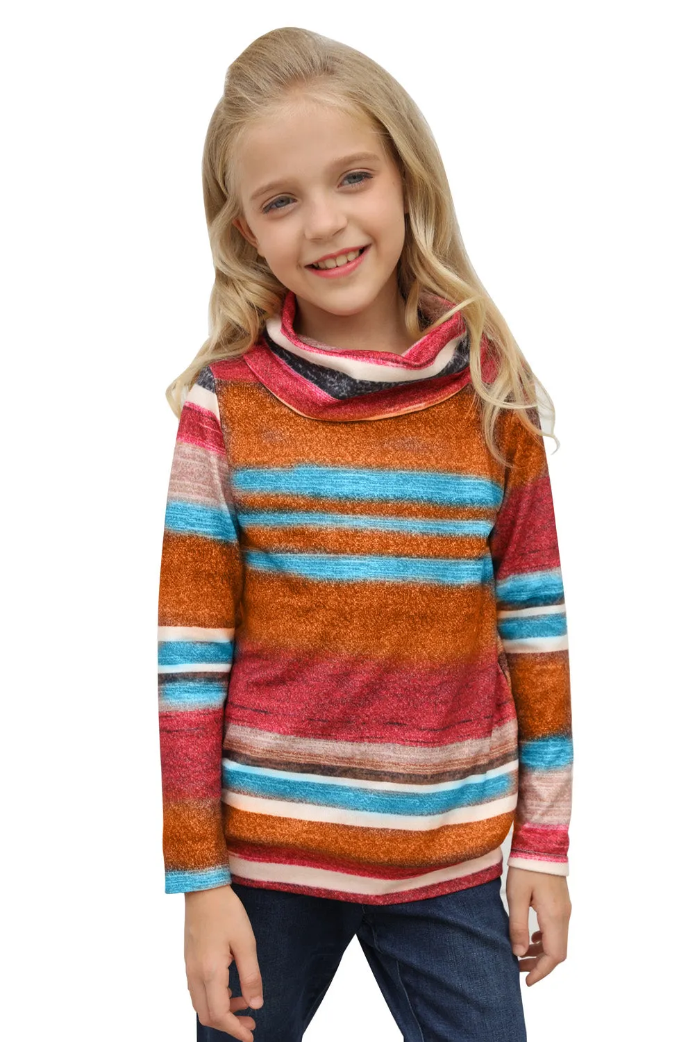 Girls Long Sleeve Mock Neck Striped Top
